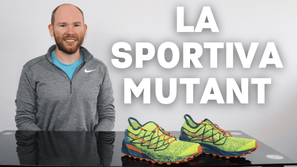 Picture of James McCormack about to provide a review sitting at a black desk on the La Sportiva Mutant Trail running shoes