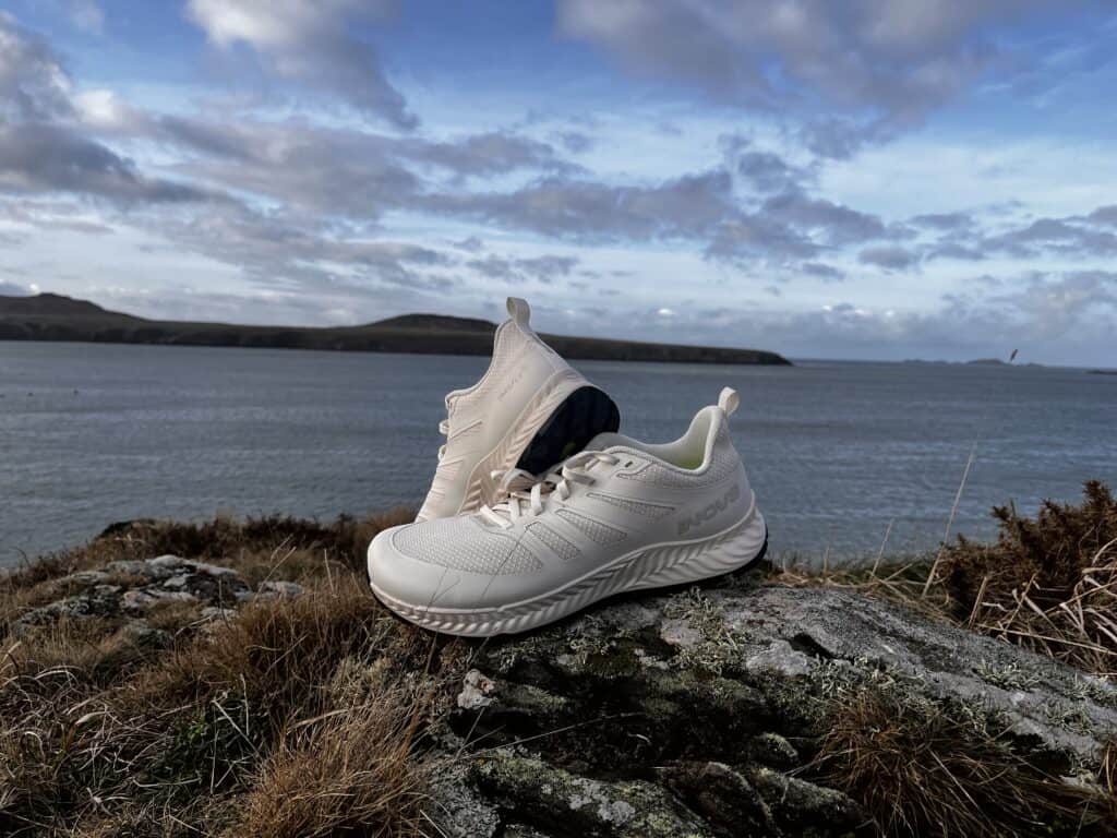 Photo of the inov8 trailfly in all white on a mossy rock overlooking the sea