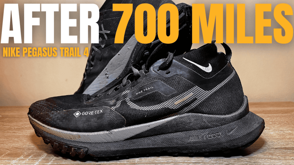 Cover picture of the black nike pegasus trail 4 goretex with the caption of after 400 miles