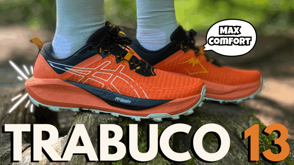 Cover photo of the asics trabuco 13 in orange from the side with the caption max comfort
