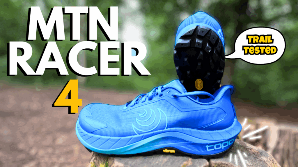 Cover Photo of the Topo MTN Racer 4 from the side in blue with a caption saying trail tested